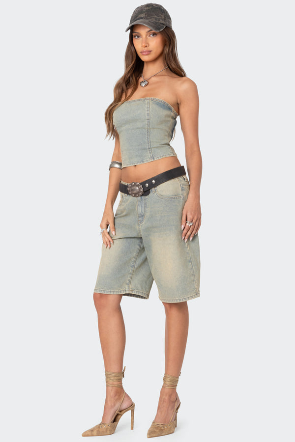 Edikted Shira Washed Denim Bermuda Shorts Blue Washed