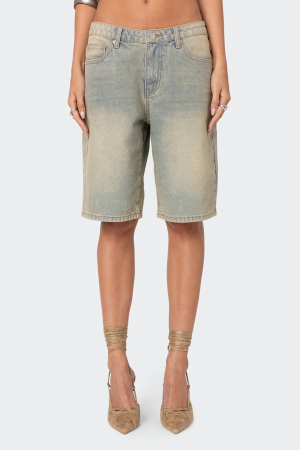 Edikted Shira Washed Denim Bermuda Shorts Blue Washed