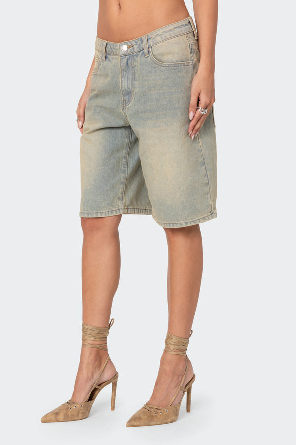 Edikted Shira Washed Denim Bermuda Shorts Blue Washed