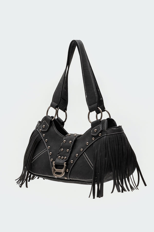 Edikted Shterna Fringed Faux Leather Sueded Bag Black