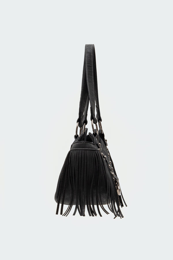 Edikted Shterna Fringed Faux Leather Sueded Bag Black