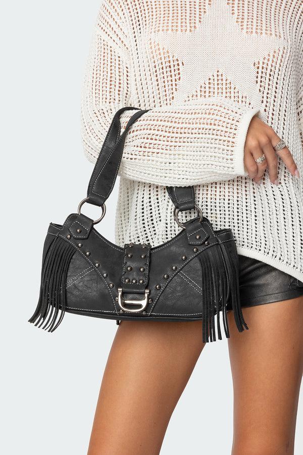 edikted Shterna Fringed Faux Leather Sueded Bag black