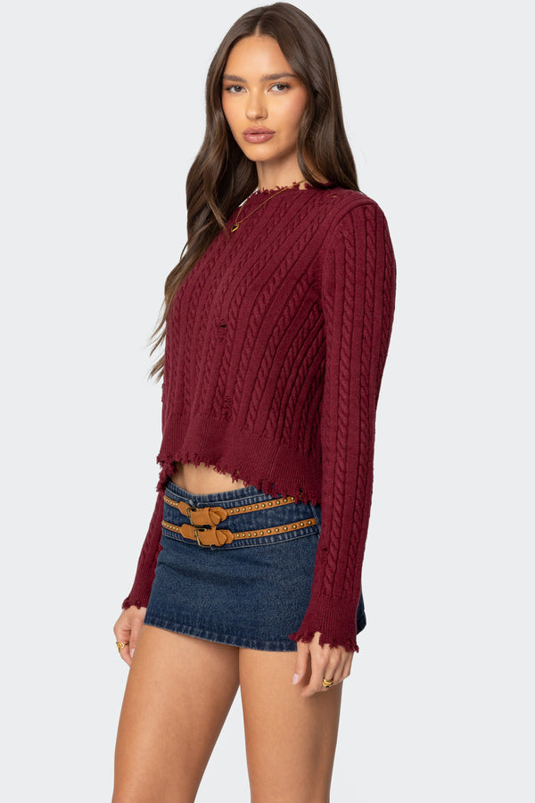 Edikted Split Open Back Cable Knit Sweater Burgundy
