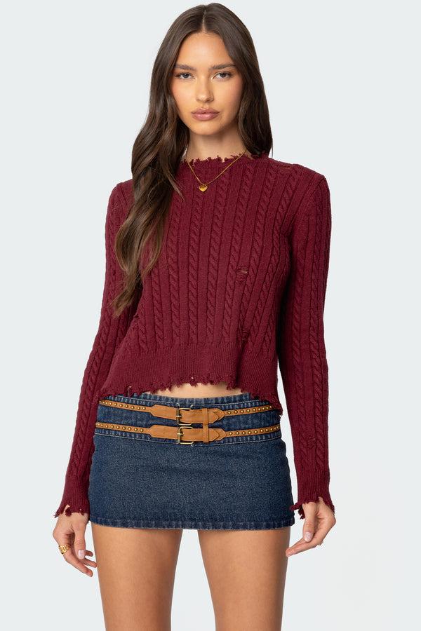 Edikted Split Open Back Cable Knit Sweater Burgundy