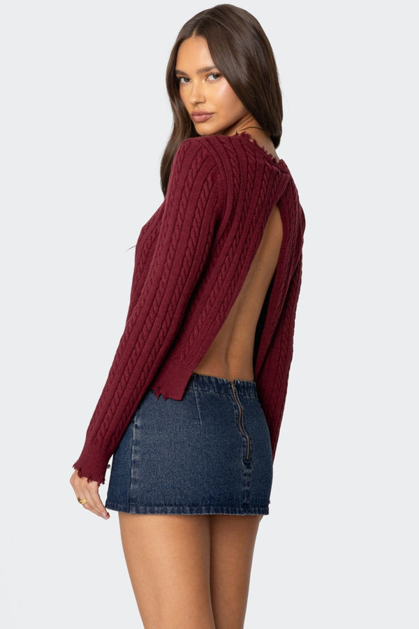 edikted Split Open Back Cable Knit Sweater burgundy