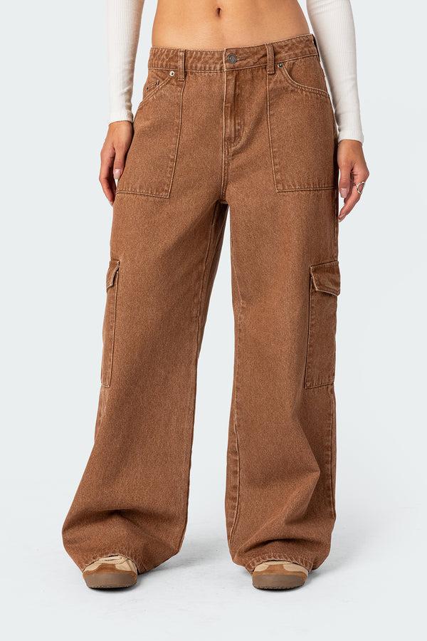 Edikted Stone Wash Mid Rise Cargo Pants Brown Washed