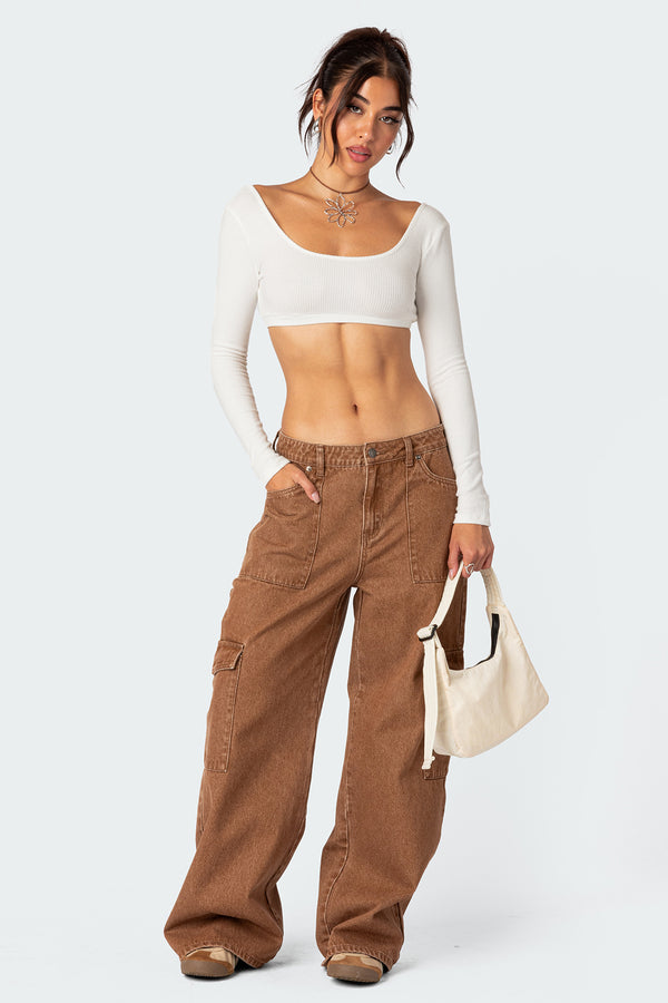edikted Stone Wash Mid Rise Cargo Pants brown washed