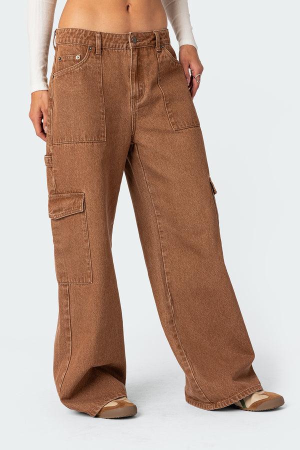 Edikted Stone Wash Mid Rise Cargo Pants Brown Washed