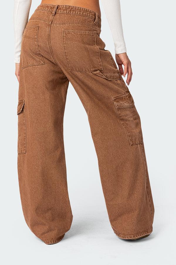 Edikted Stone Wash Mid Rise Cargo Pants Brown Washed