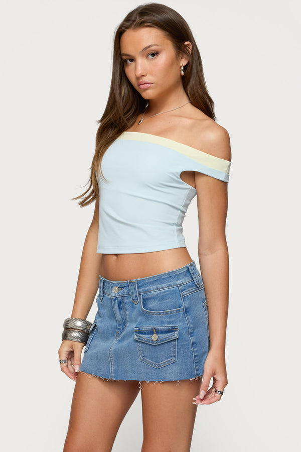 Edikted Strada Contrast Off Shoulder Top Light Blue