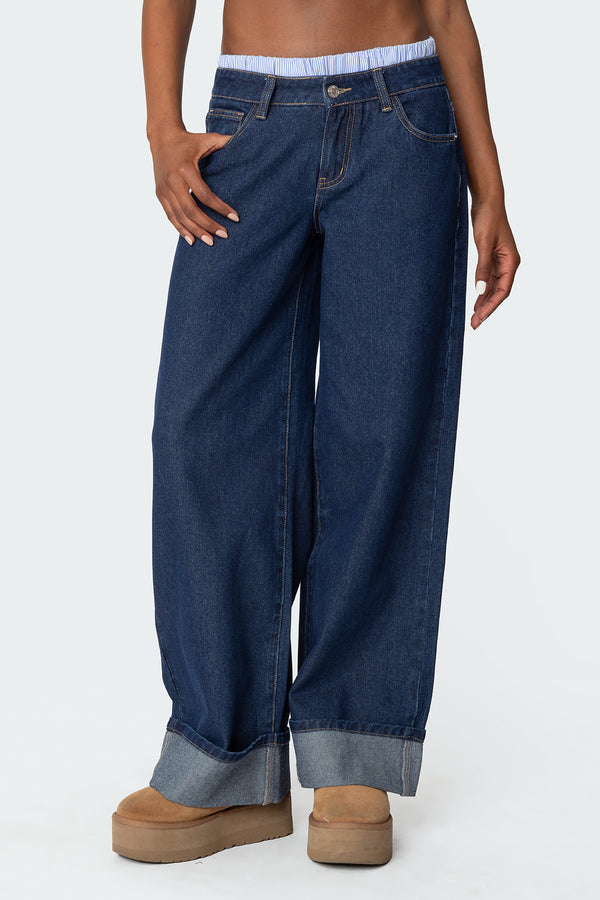 Edikted Striped Boxer Detail Low Rise Jeans Dark Blue