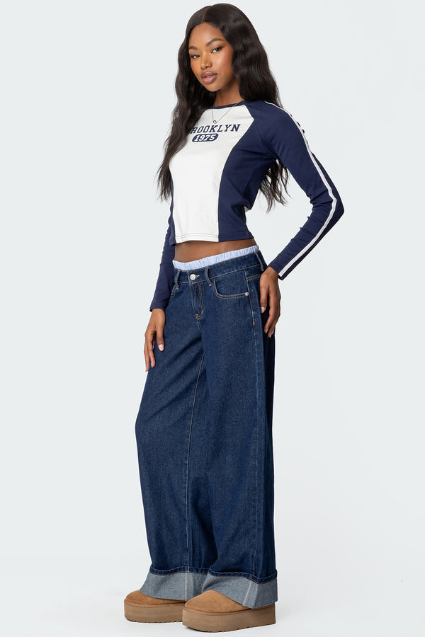 Edikted Striped Boxer Detail Low Rise Jeans Dark Blue