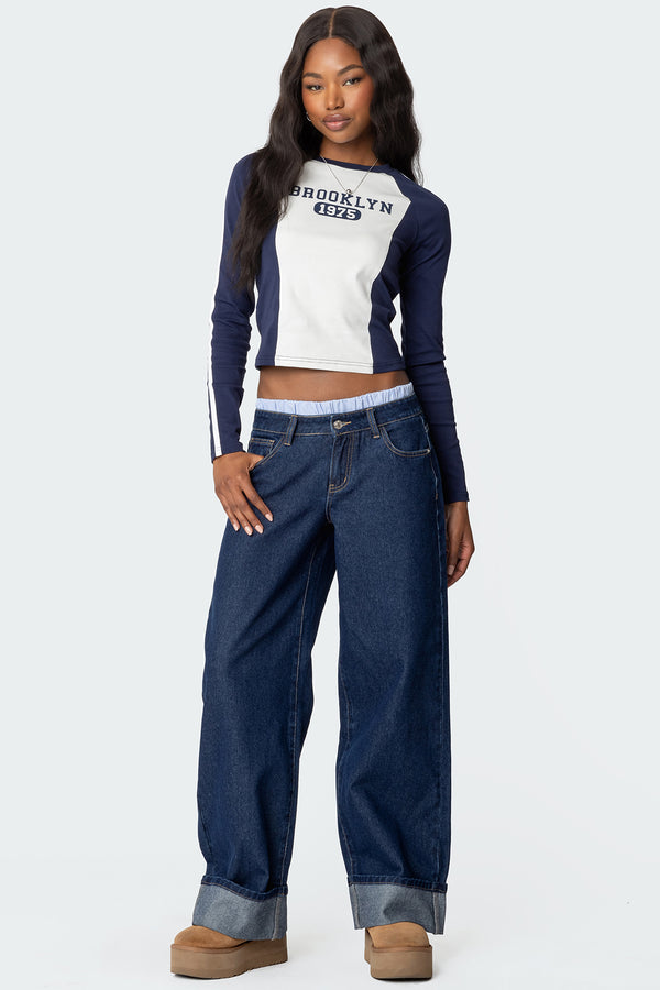 edikted Striped Boxer Detail Low Rise Jeans dark blue