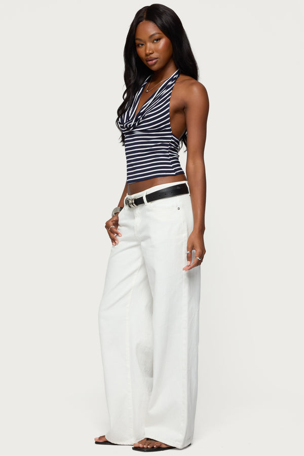 Edikted Striped Cowl Neck Halter Top Navy And White