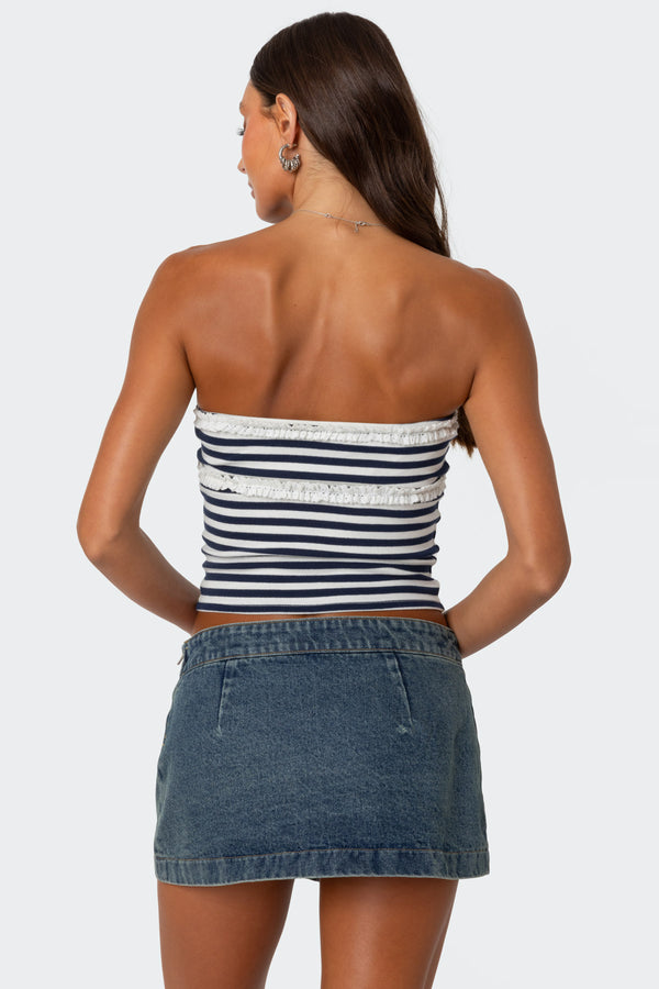 Edikted Striped Eyelet Trim Tube Top Navy And White