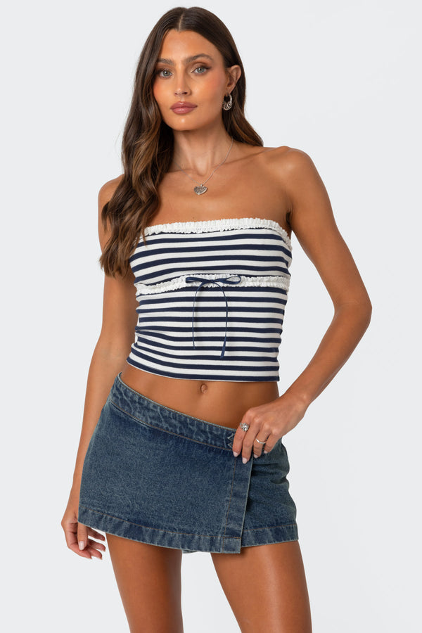 edikted Striped Eyelet Trim Tube Top navy and white