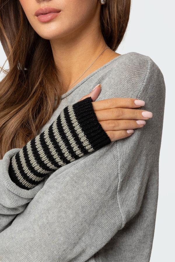 edikted Striped Knit Fingerless Gloves black and gray