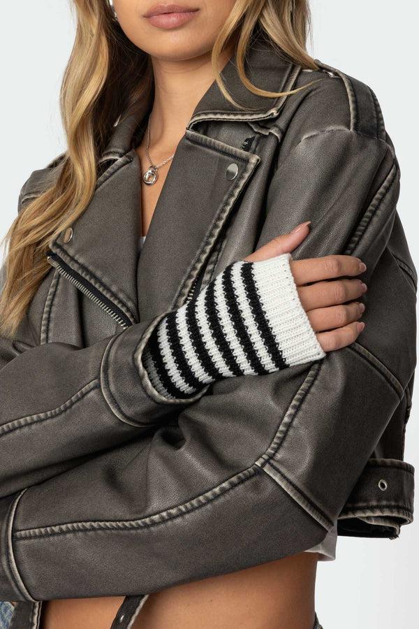 edikted Striped Knitted Fingerless Gloves black and white