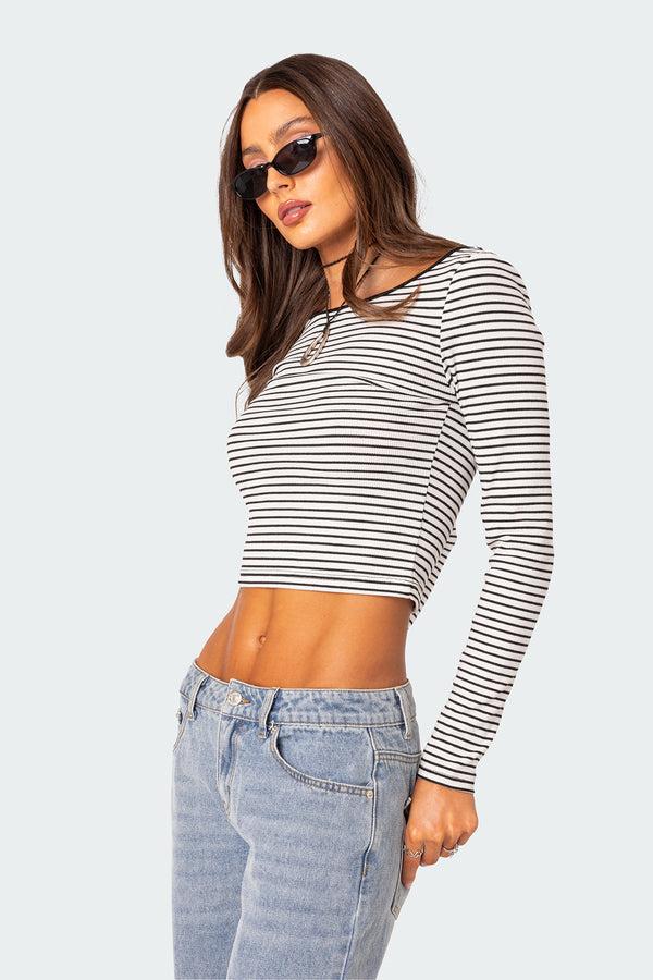 Edikted Striped Scoop Back Long Sleeve Top Black And White