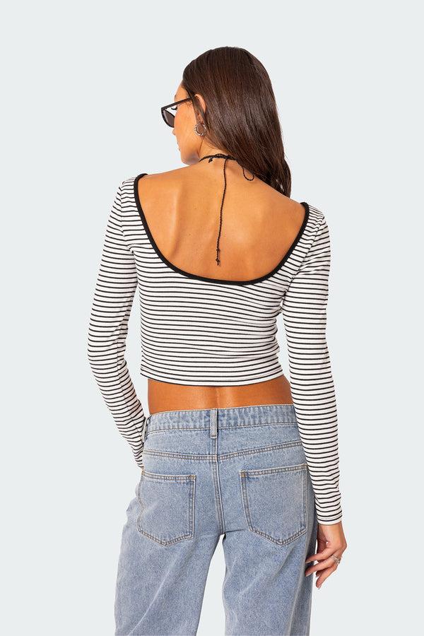 Edikted Striped Scoop Back Long Sleeve Top Black And White