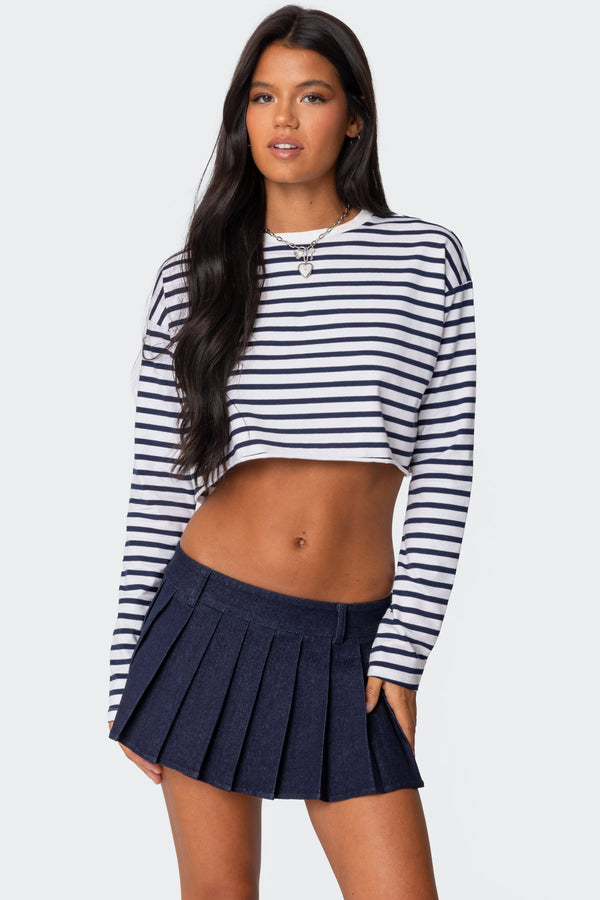Edikted Stripey Cropped Long Sleeve T Shirt Navy And White
