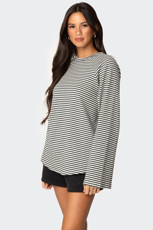 Edikted Stripey Oversized Bell Sleeve Top Gray Melange