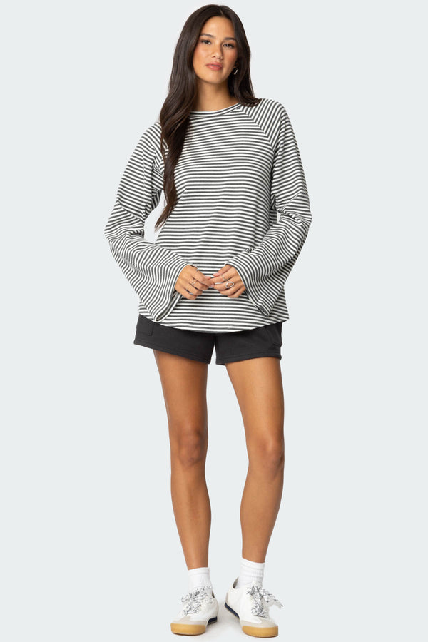 Edikted Stripey Oversized Bell Sleeve Top Gray Melange
