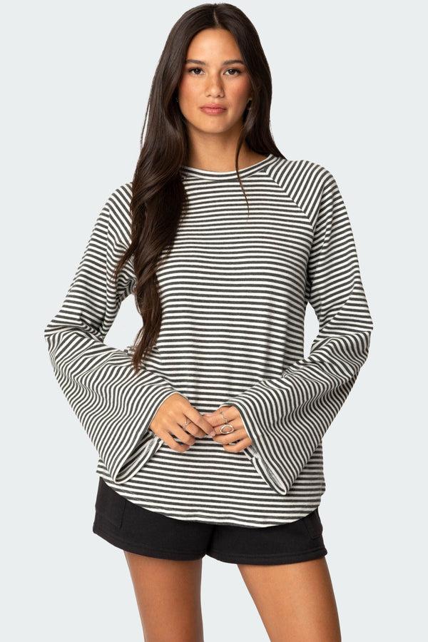 edikted Stripey Oversized Bell Sleeve Top gray melange