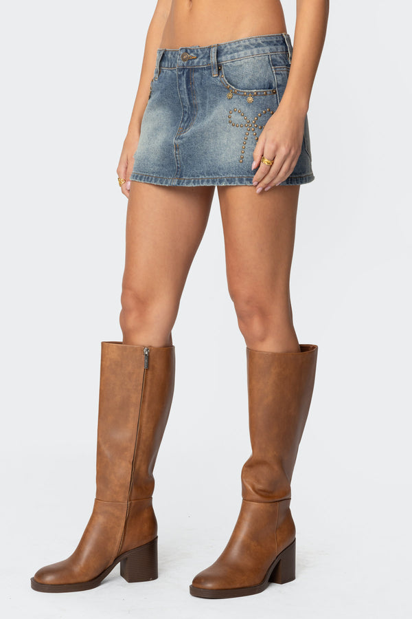 Edikted Studded Bow Distressed Denim Mini Skirt Blue