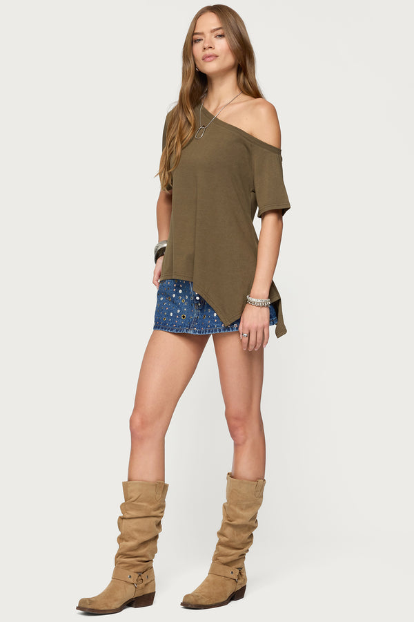 Edikted Studded Grommet Denim Mini Skort Blue Washed