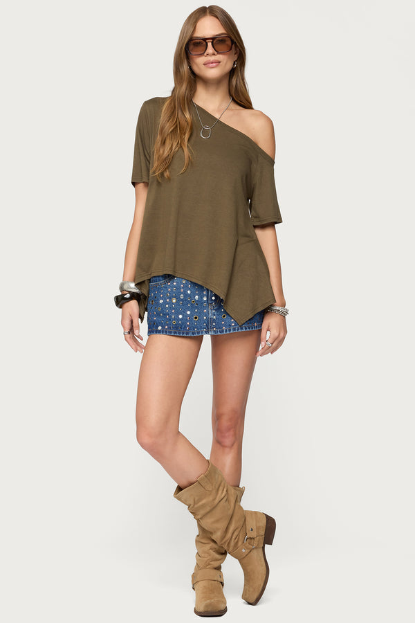 edikted Studded Grommet Denim Mini Skort blue washed