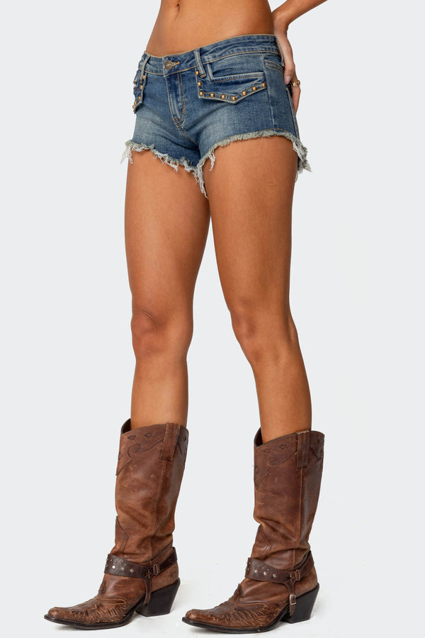 Edikted Studded Low Rise Denim Micro Shorts Blue Washed