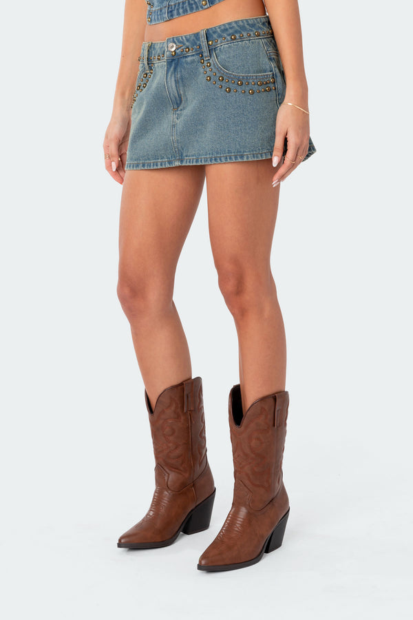 Edikted Studded Low Rise Washed Denim Mini Skirt Blue