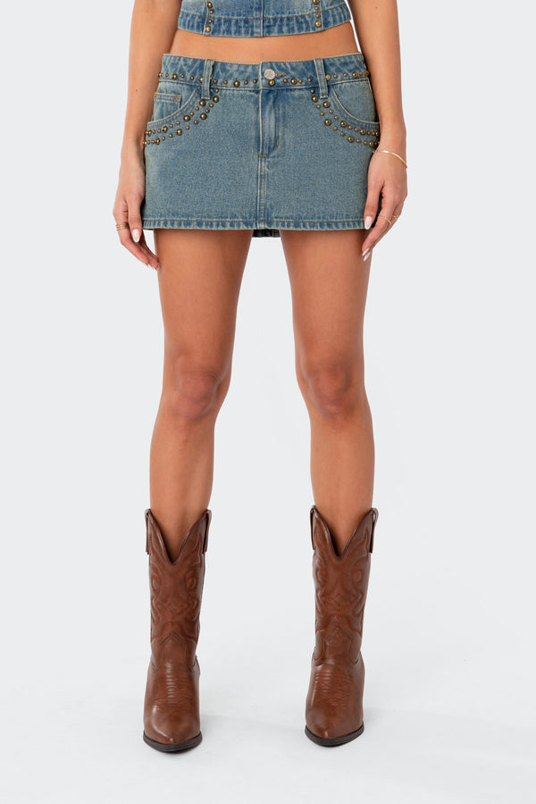 Edikted Studded Low Rise Washed Denim Mini Skirt Blue