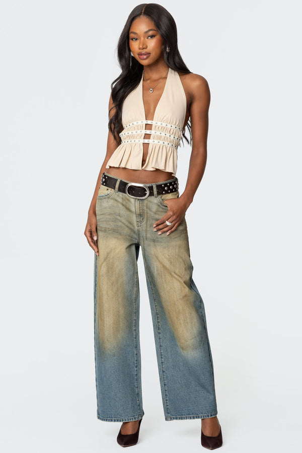 Edikted Studded Split Front Backless Halter Top Cream