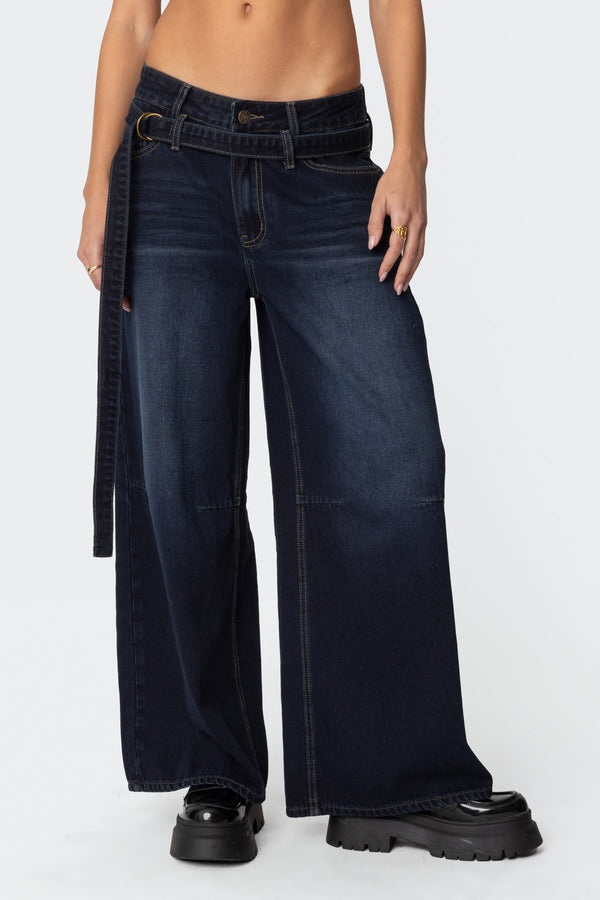 Edikted Super Baggy Belted Low Rise Jeans Indigo Blue Raw Washed