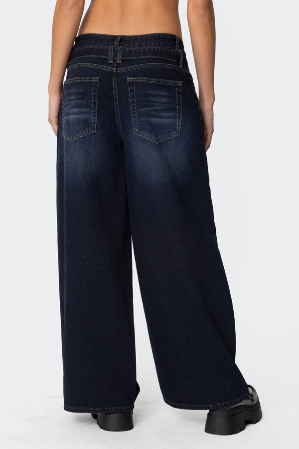 Edikted Super Baggy Belted Low Rise Jeans Indigo Blue Raw Washed