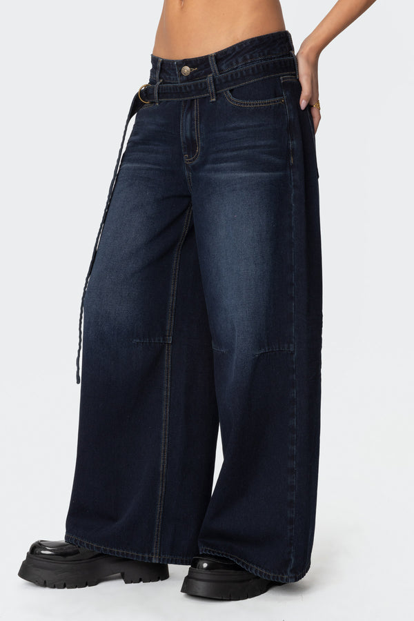 Edikted Super Baggy Belted Low Rise Jeans Indigo Blue Raw Washed