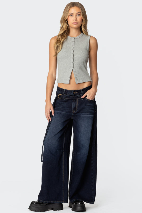 edikted Super Baggy Belted Low Rise Jeans indigo blue raw washed