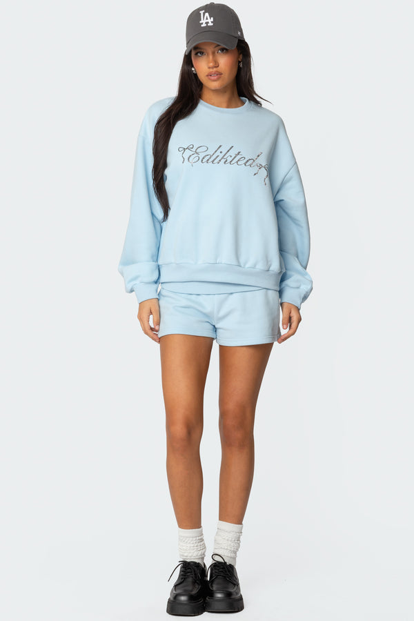 Edikted Super Edikted Rhinestone Oversized Sweatshirt Light Blue