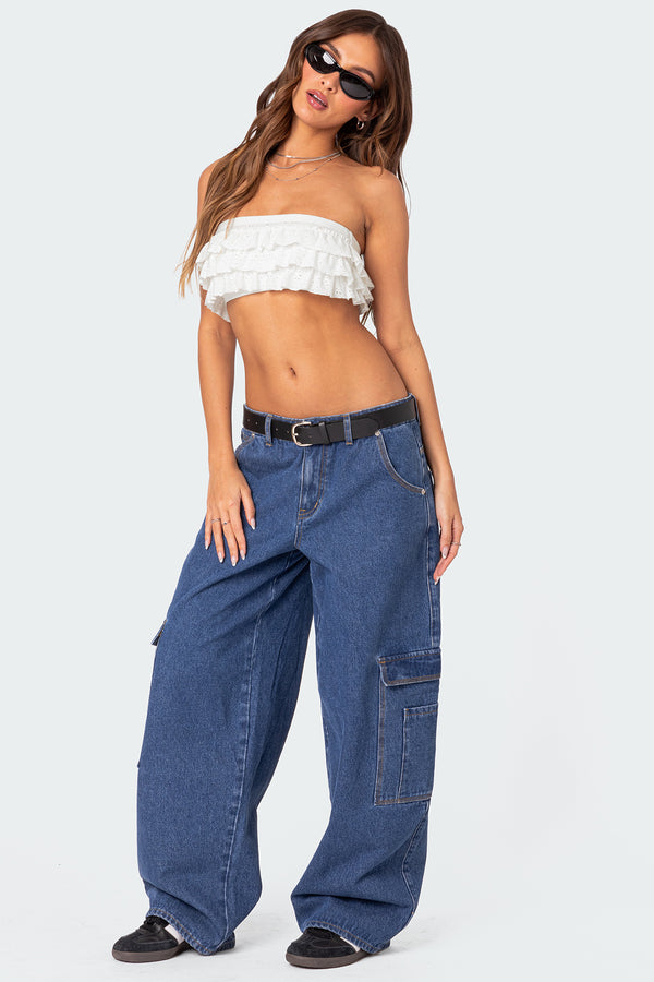 Edikted Super Oversized Belted Boyfriend Jeans Blue Washed