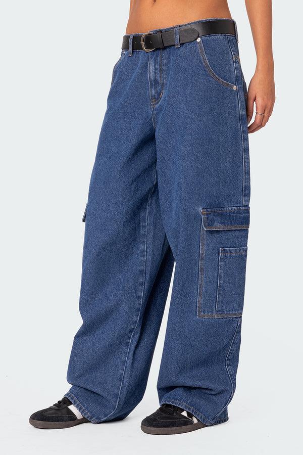Edikted Super Oversized Belted Boyfriend Jeans Blue Washed