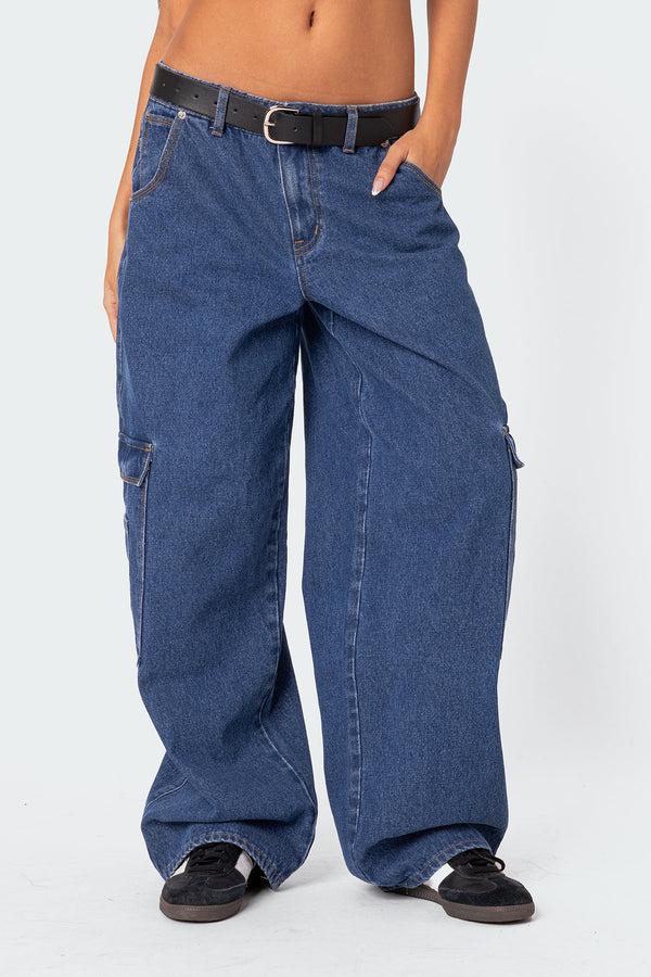 Edikted Super Oversized Belted Boyfriend Jeans Blue Washed