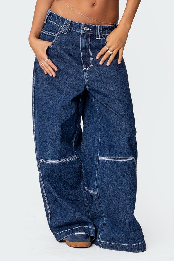 Edikted Super Wide Contrast Stitch Low Rise Jeans Dark Blue