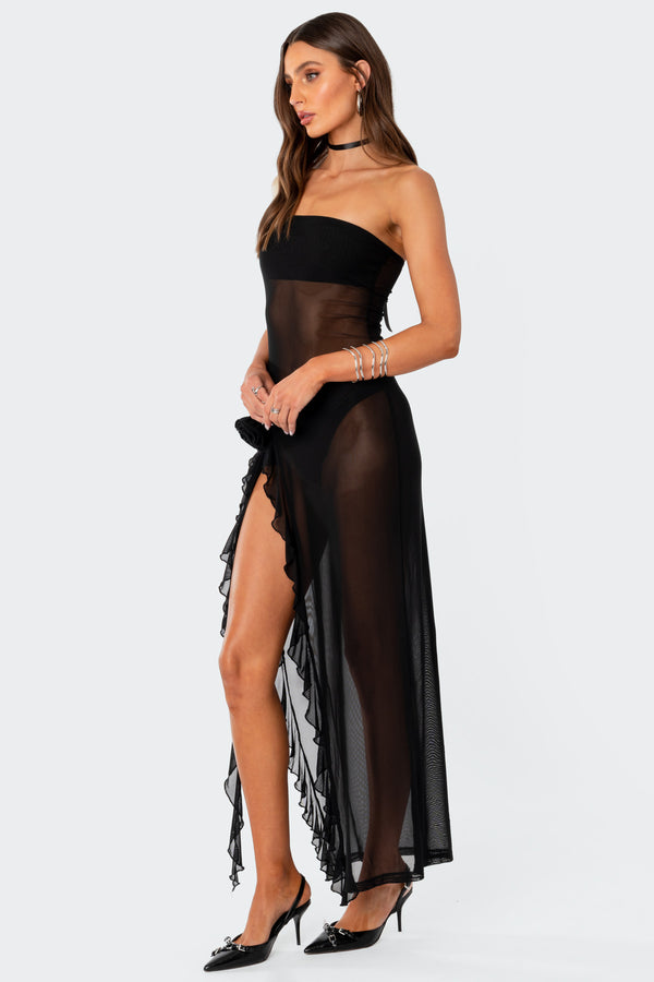 Edikted Suri Sheer Mesh Flower Pin Maxi Dress Black