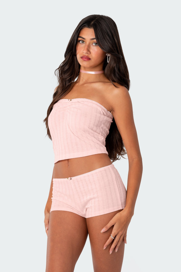 Edikted Sweetpea Ruched Pointelle Tube Top Light Pink