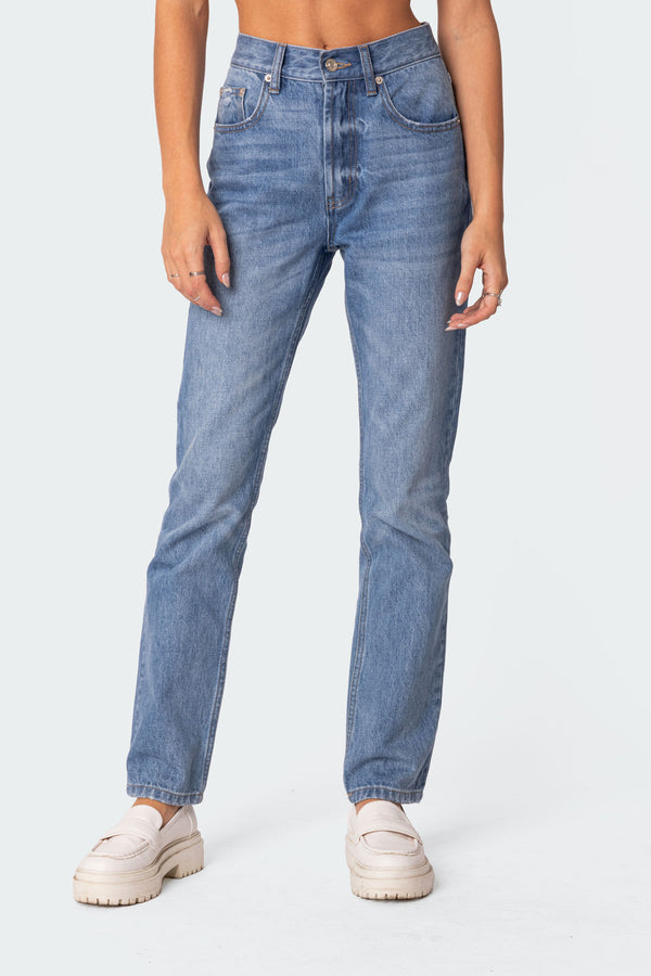 Edikted Swift High Rise Straight Leg Jeans Blue Washed