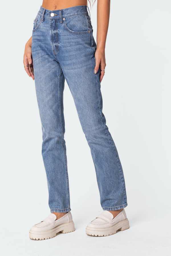 Edikted Swift High Rise Straight Leg Jeans Blue Washed