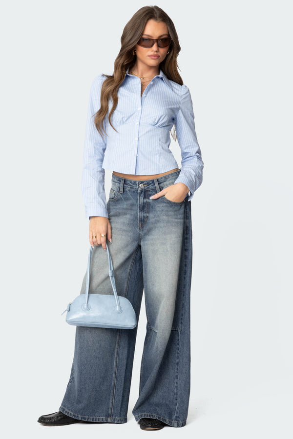 Edikted Tailored Pinstripe Button Up Shirt Light Blue