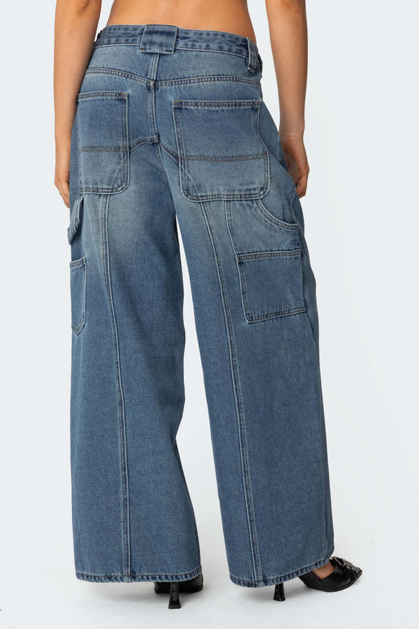 Edikted Tal Baggy Low Rise Carpenter Jeans Blue Washed